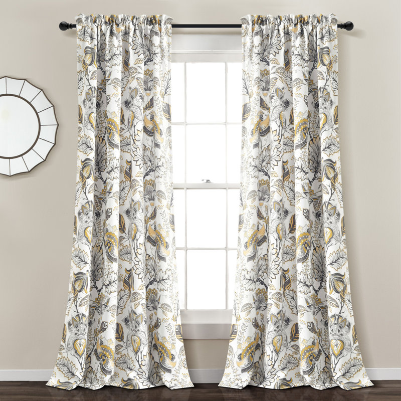 Cynthia Jacobean Yellow and Gray Floral Polyester Blackout Curtains