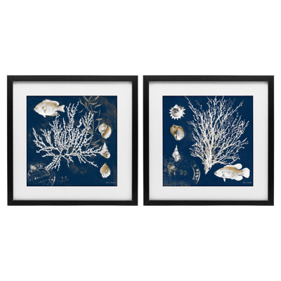 Navy Coral Medley 2pc Framed Print Under Glass Set, design by Lanie Loreth