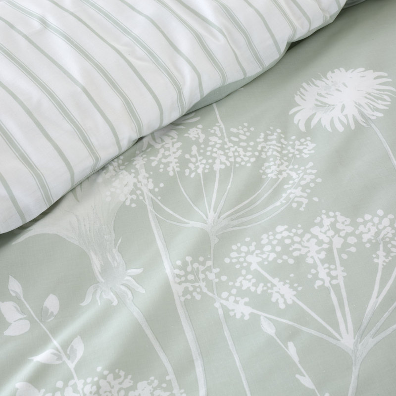 Meadowsweet Floral Reversible Duvet Cover Set with Pillowcases, Green/White, Single Duvet Cover + 1 Standard Pillowcase