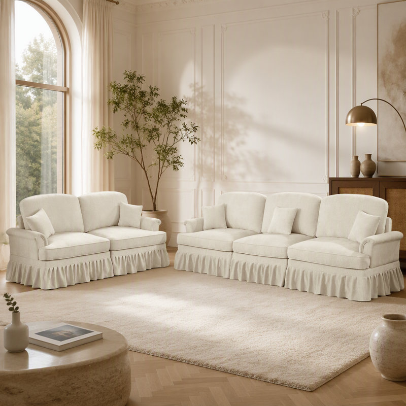 Ensemble de canapé modulaire classique 2 pièces avec accoudoirs évasés, volants amovibles et pieds fuselés pour les salons élégants, blanc beige