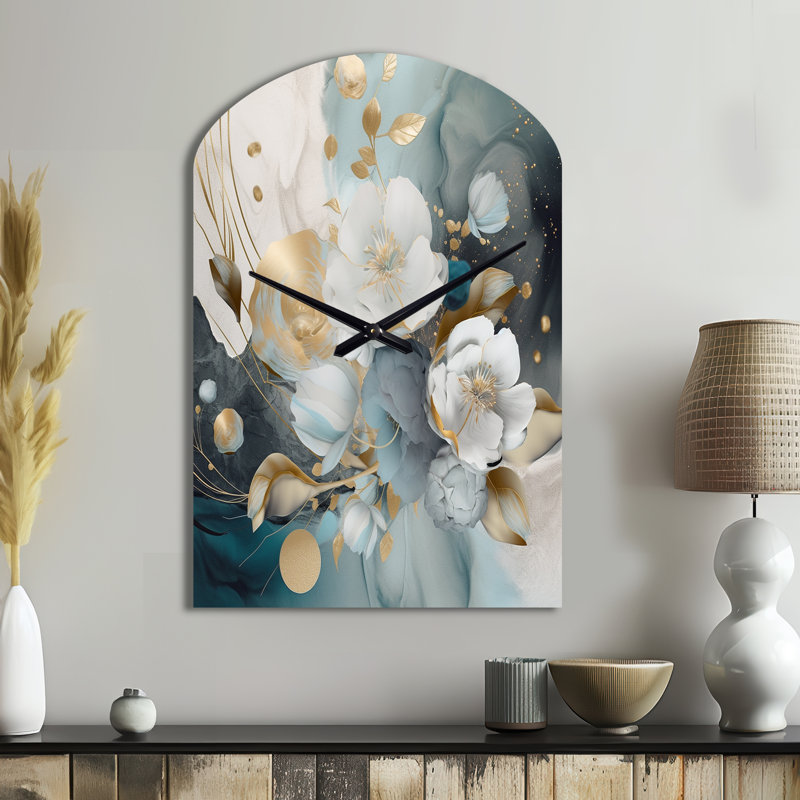 Grande horloge murale bleue - Impressions florales bleues et dorées bleues - forme unique, Grand
