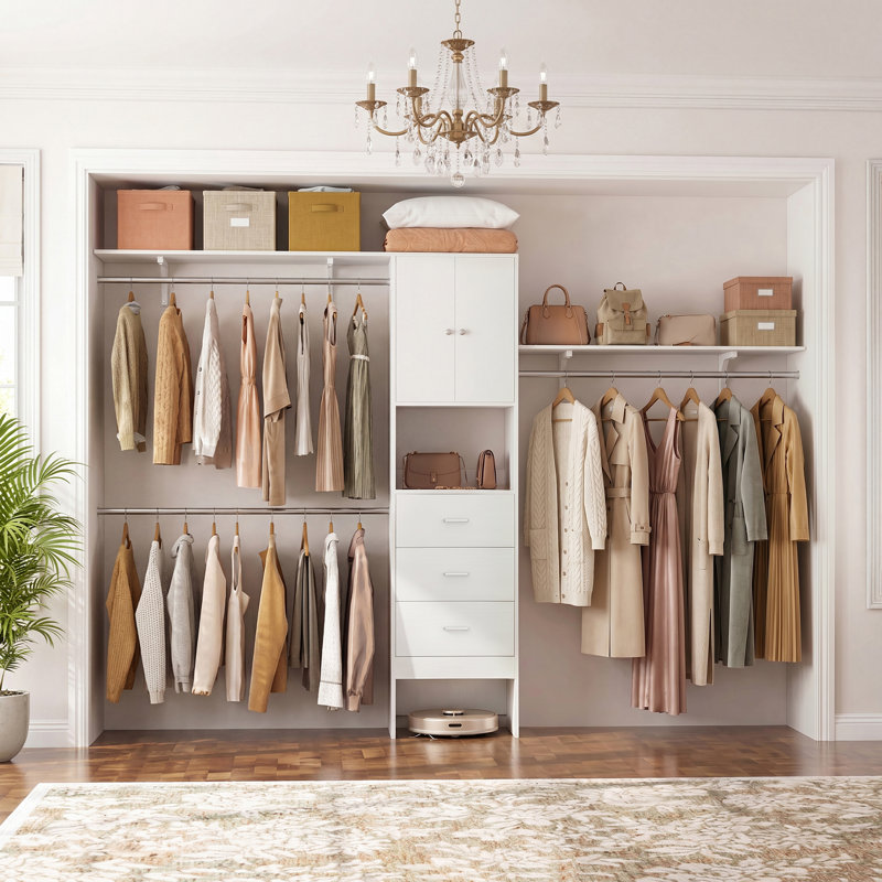 120" W Wooden Closet Organizer With Doors And Drawers, WHITE