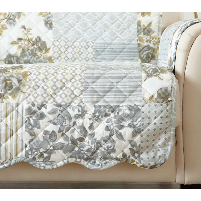 Gray Reversible Patchwork Scalloped Chair Furniture Protector