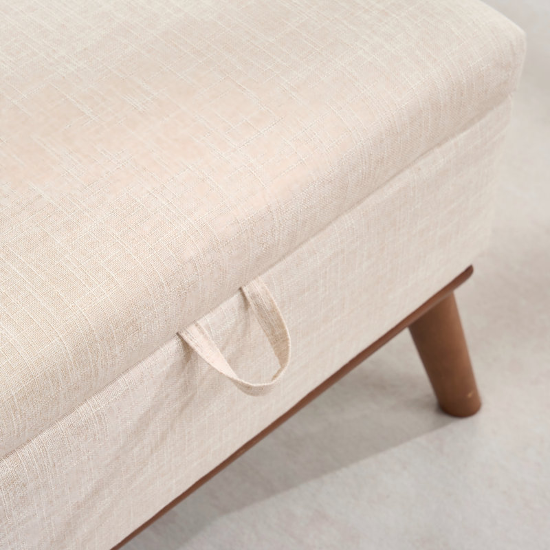 Repose-pieds de 31 pouces avec rangement Mid-Century, table basse rectangulaire avec plateau relevable et pieds en bois, repose-pieds en tissu beige