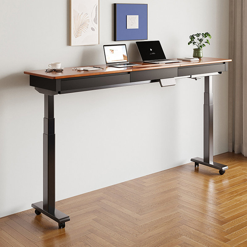 Bureau brun et noir rectangulaire en bois massif à hauteur réglable et acier laminé à froid avec 2 tiroirs