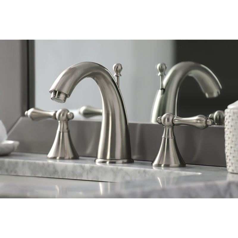 Kingston Brass Naples Two-Handle 3-Hole Deck Mount Widespread Bathroom Faucet with Brass Pop-Up Drain, Brushed Nickel
