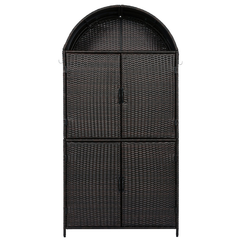 72" Arched Wicker Outdoor Storage Cabinet With Adjustable Shelves & Side Hooks, Brown/Black