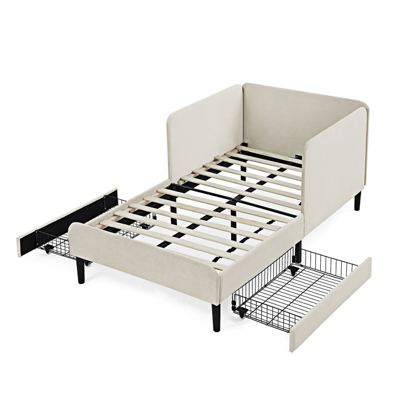Upholstered Platm Bed Frame With Drawers, Beige, Twin