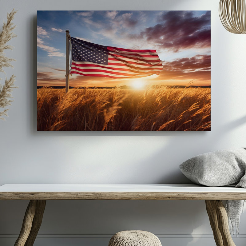 Impression sur toile de drapeau américain sur fond de blé doré au coucher du soleil pour le salon, la chambre à coucher, le bureau, le couloir, le vestibule, le mur de la galerie et la décoration intérieure moderne