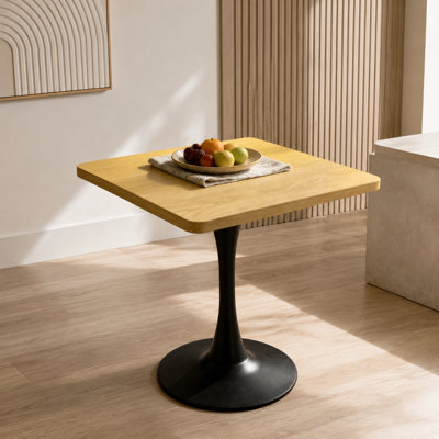 Table de salle à manger carrée avec finition naturelle, 70,6 cm (27,79 pouces), style tulipe moderne du milieu du siècle, plateau décoratif à bord épais et pied central en métal, idéale pour la cuisine, les petits espaces, le salon ou un café.