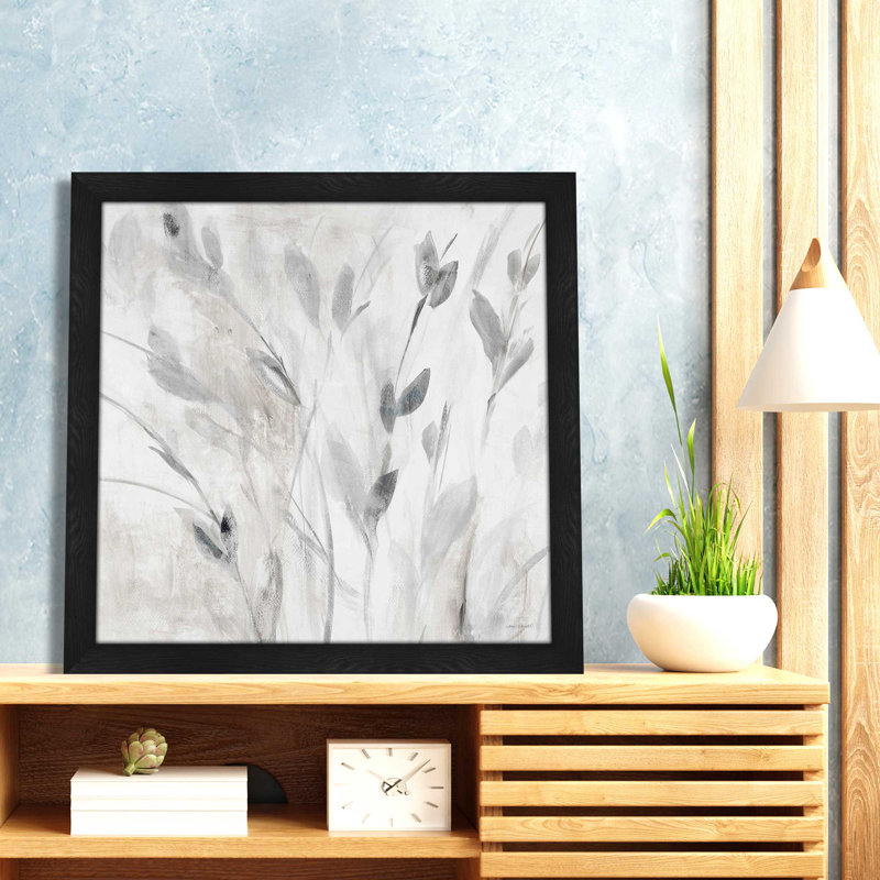 «Grey Misty Leaves Square I», peinture à cadre unique, L 25,5 po x H 25,5 po