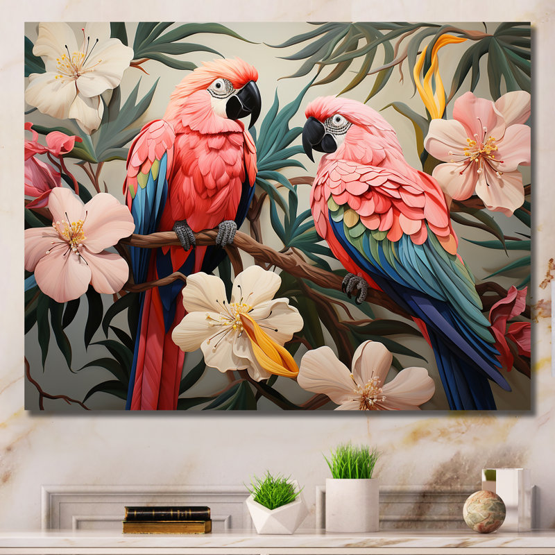 Fleurs tropicales roses et bleues - art mural perroquet III, Toile tendue, H 12 po x l 20 po x P 1 po