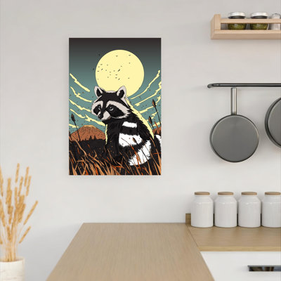 Raccoon Under Moonlight Abstract Contemporary Bird Forest Landscape Wall Art Print by Nicholas - Wrapped Canvas Print
