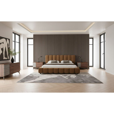 Ensemble de chambre à coucher 4 pièces Jared - Tissu brun moderne + faux béton et noyer