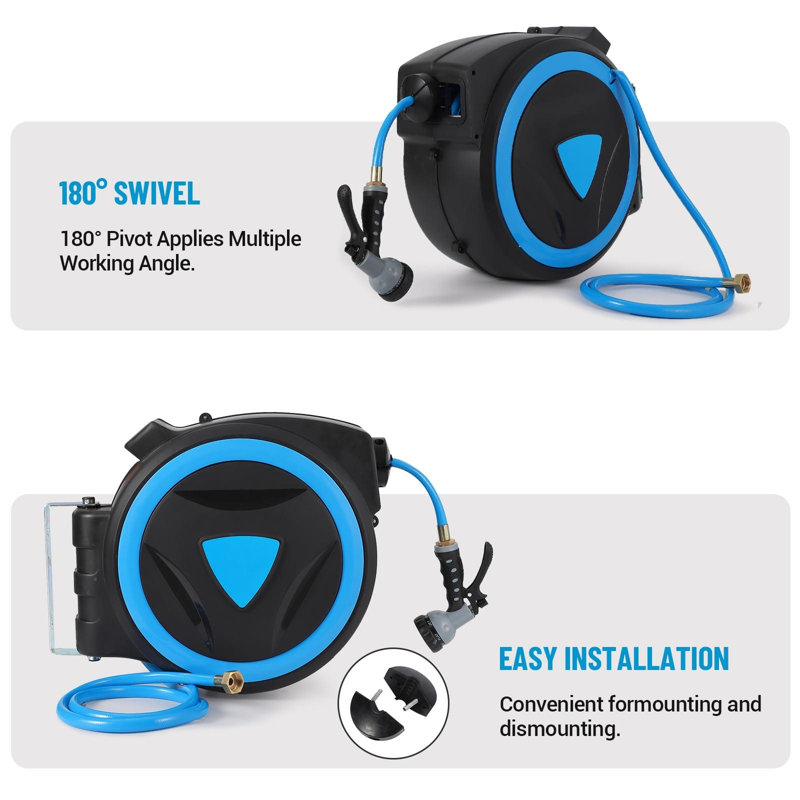 Wall-Mounted Retractable Garden Hose Reel – 5/8" with 9-Pattern Nozzle, Any-Length Lock & 180° Swivel – Choose 90 ft, 25 m