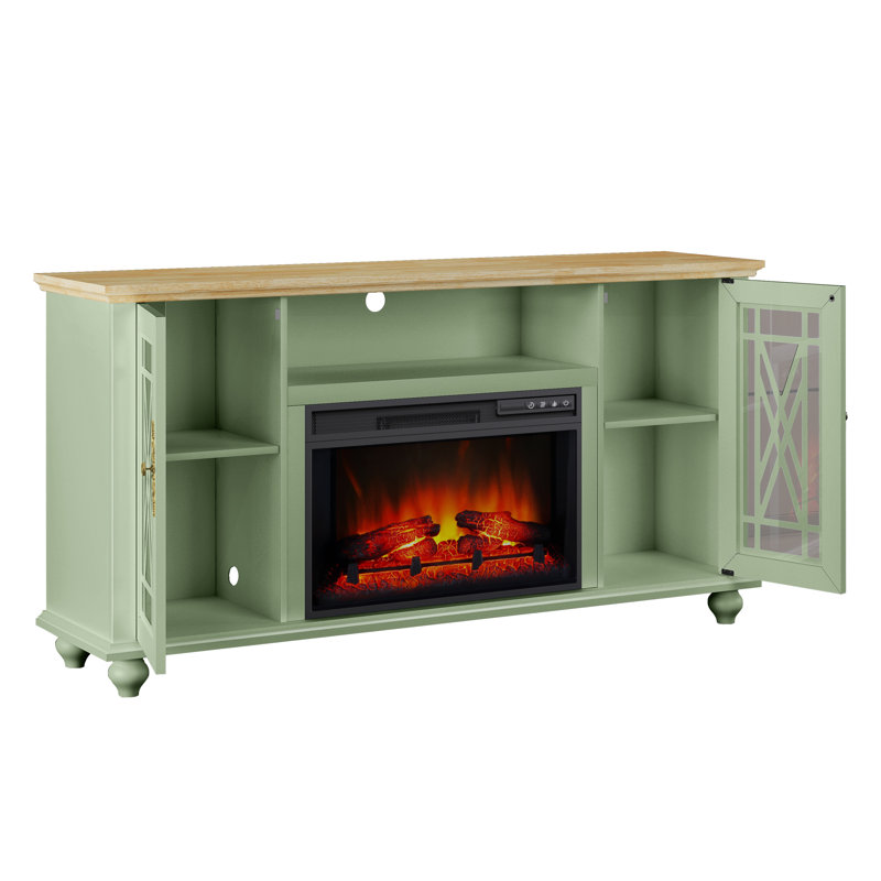 TV Stand with fireplace, Green/Natural