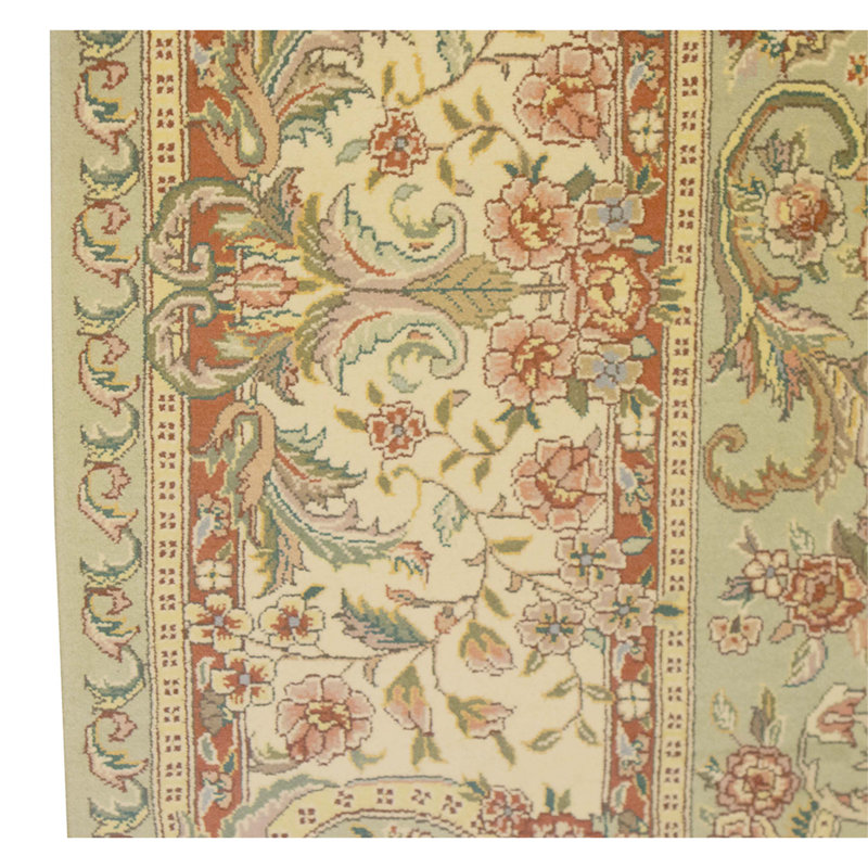 Hand Knotted Wool Oriental Area Rug in Green And Cream