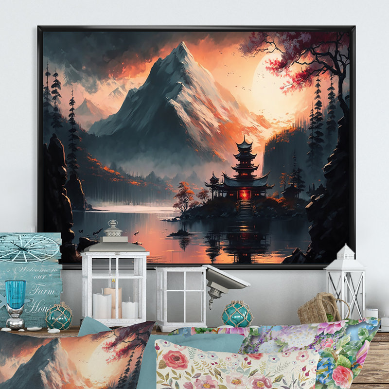 «Architectural Building on Island Landscape IV», reproduction sur toile, L 32 po x H 16 po, Toile avec cadre flottant noir