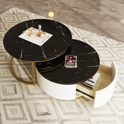 Modern Round Nesting Coffee Table Fluted With Drawer In & In