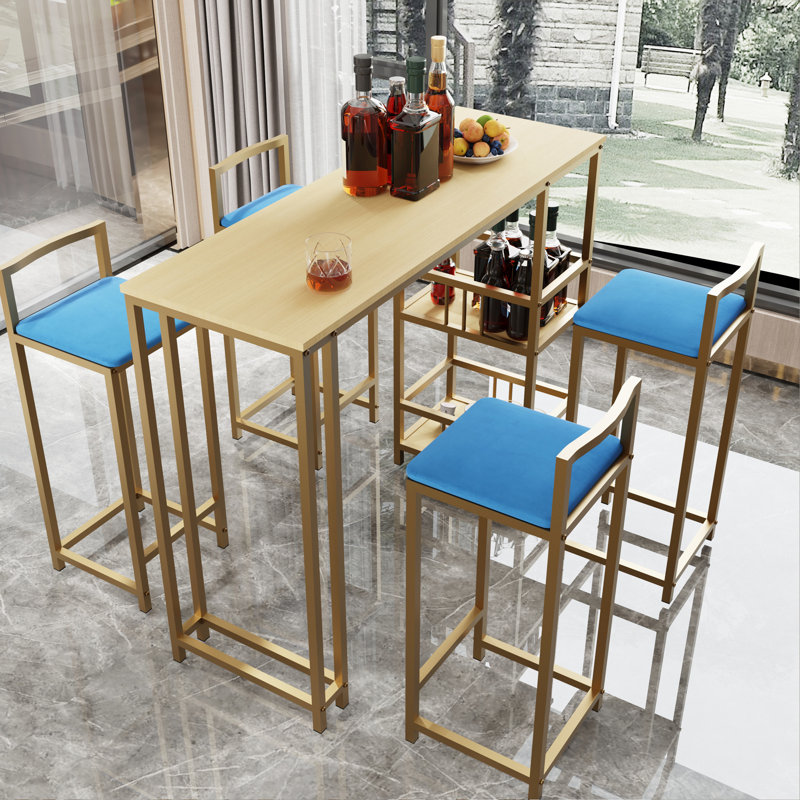 Ensemble de table de bar et chaise cinq pièces, structure dorée, plateau de table multicouche, coussin de chaise et dossier en éponge, table avec fonction de rangement (or + beige + bleu)