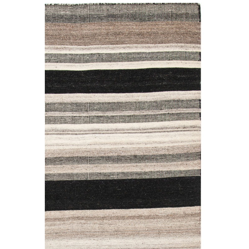Rodgers Hand Woven Flat Weave H. S. Wool/Cotton Striped Rug in Black/Beige/Brown, Rectangle 5' x 8'