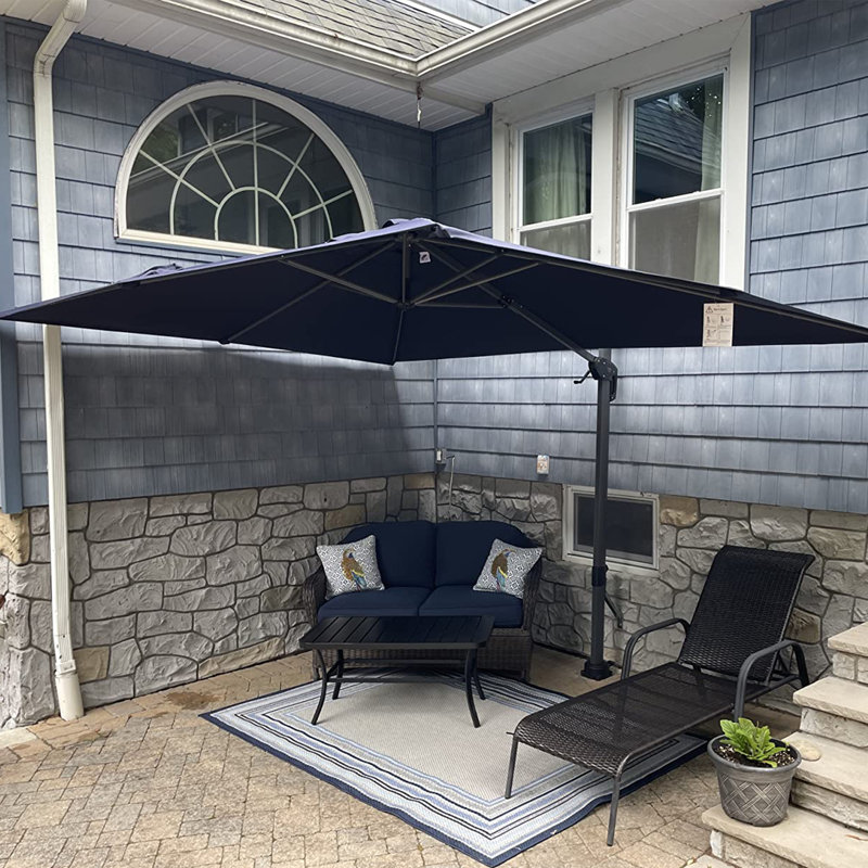Rocshelle Square Right-left Tilt Swivel Cantilever Umbrella with Base and 360-degree Rotation, Navy, 100.32"H x 120"W x 120"D