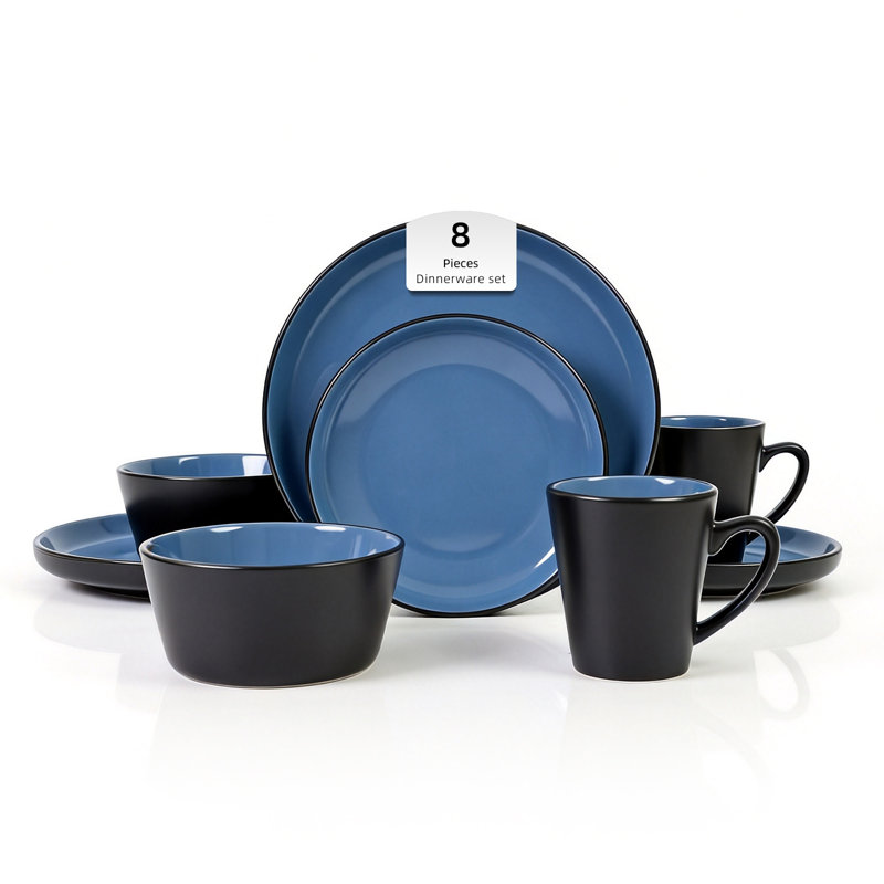 Service de table 8 pièces en grès HomeVSS ColorCore, intérieur bleu lustré et extérieur noir mat, pour 2 personnes, Bleu