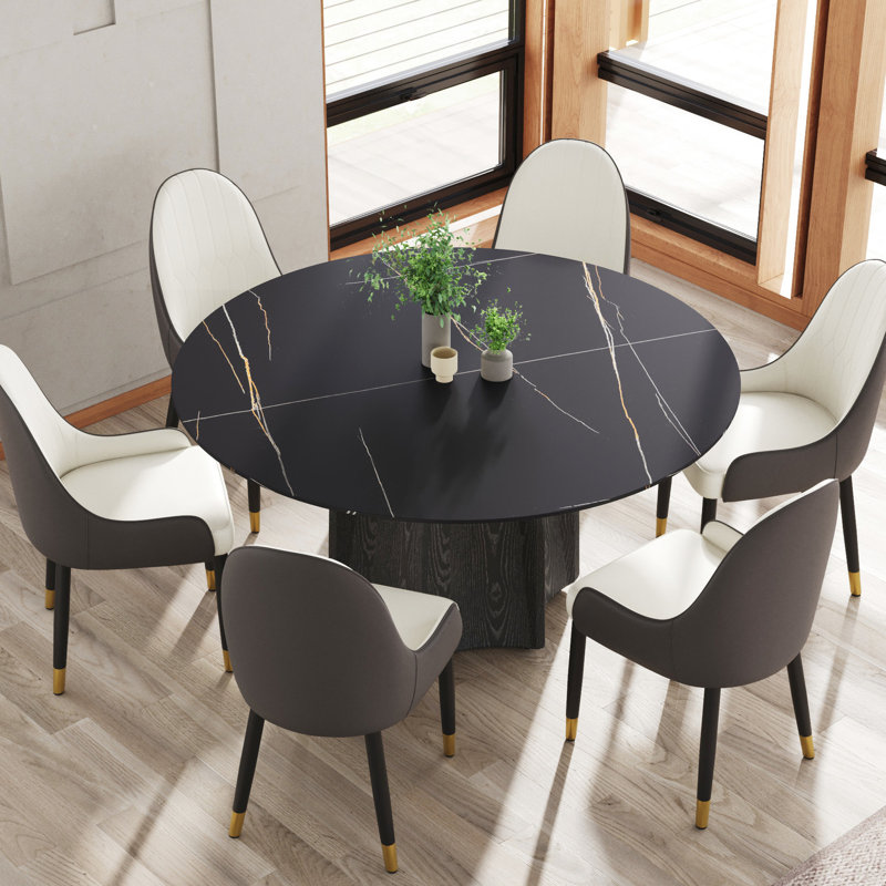 Table de salle à manger ronde de 57,57 po avec base en bois de chêne massif, plateau en pierre frittée noire pour 6 à 8 personnes, table moderne pour la croissance bactérienne et le contrôle des odeurs, fatigue de surface texturée et durable