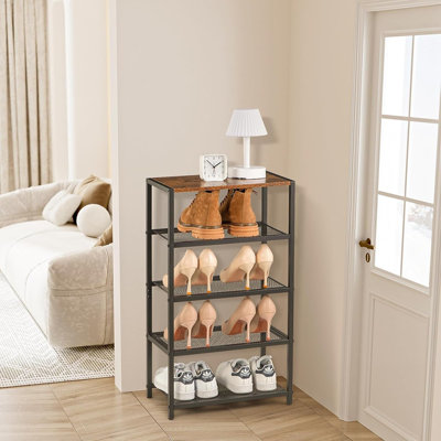 Range-chaussures en métal à 5 niveaux pour porte d'entrée, vestibule et range-chaussures avec 4 tablettes robustes en maille métallique et plateau en bois, pouvant contenir 10 paires, idéal pour le rangement ou la présentation