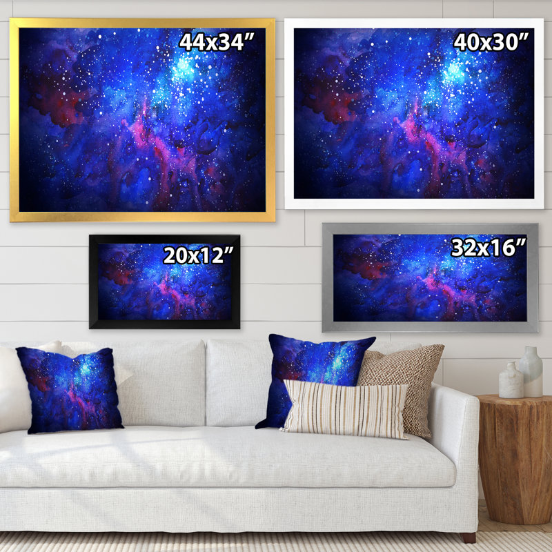 Blue Universe Space Storm - Painting on Canvas, 32" H x 16" W x 1" D, Silver Picture Frame