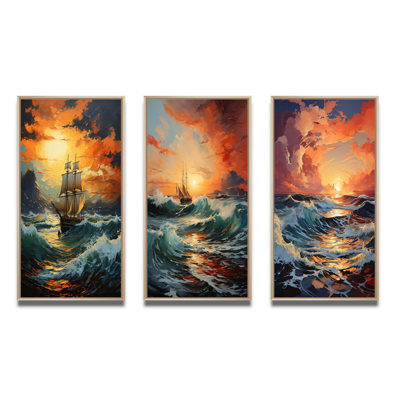 «Orange Teal Boat Energetic Storm», 3 pièces sur toile, Encadré naturel, H 40 po x l 60 po