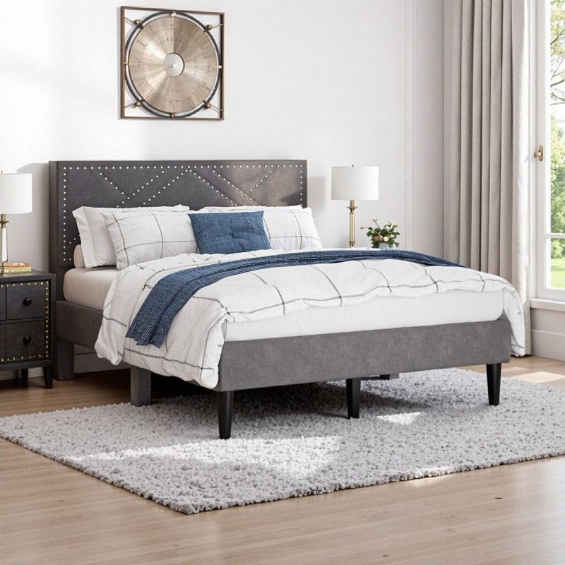 Base de lit pour tête de lit en lin gris carbone - Rangement sous le lit, aucun sommier nécessaire, Grand lit
