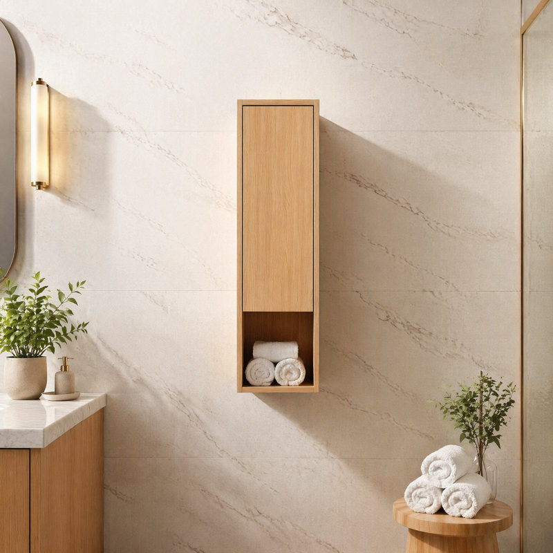 Armoire murale 12 po avec porte à fermeture douce, finition chêne originale, rangement compact pour salle de bain avec tablette interne et compartiment ouvert pour petits espaces