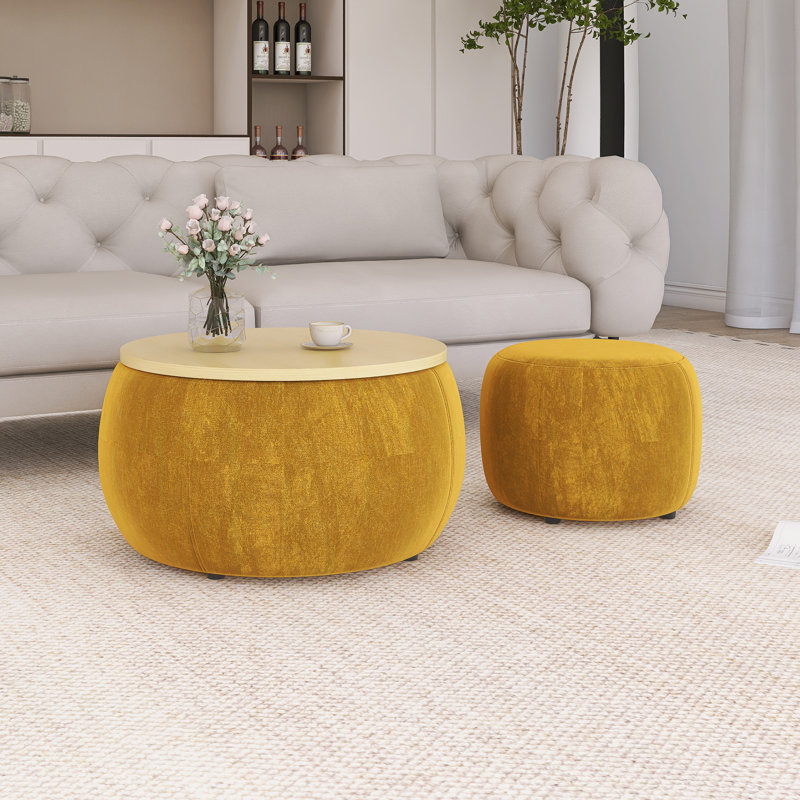 Table de bout ronde avec petit siège de rangement, Naturel, Jaune