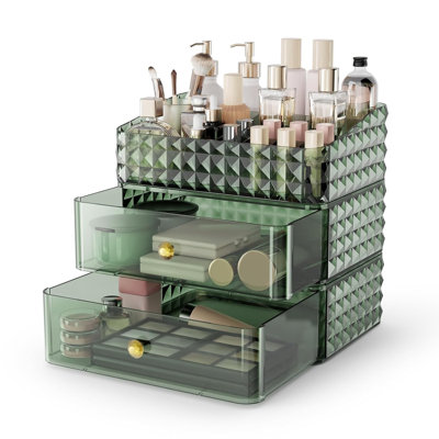 Organisateur de maquillage avec 2 tiroirs et 1 plateau, rangement cosmétique empilable pour meuble-lavabo, porte-pinceau, rouge à lèvres et présentoir à bijoux, motif à losanges durable et élégant