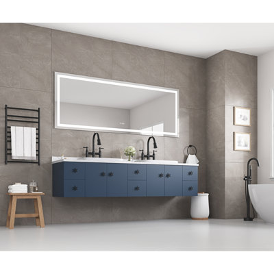 Miroir de salle de bain 96 po x 36 po à DEL avec façade et rétroéclairage, miroir de meuble-lavabo mural, anti-buée, mémoire, 3 couleurs, réglable en continu