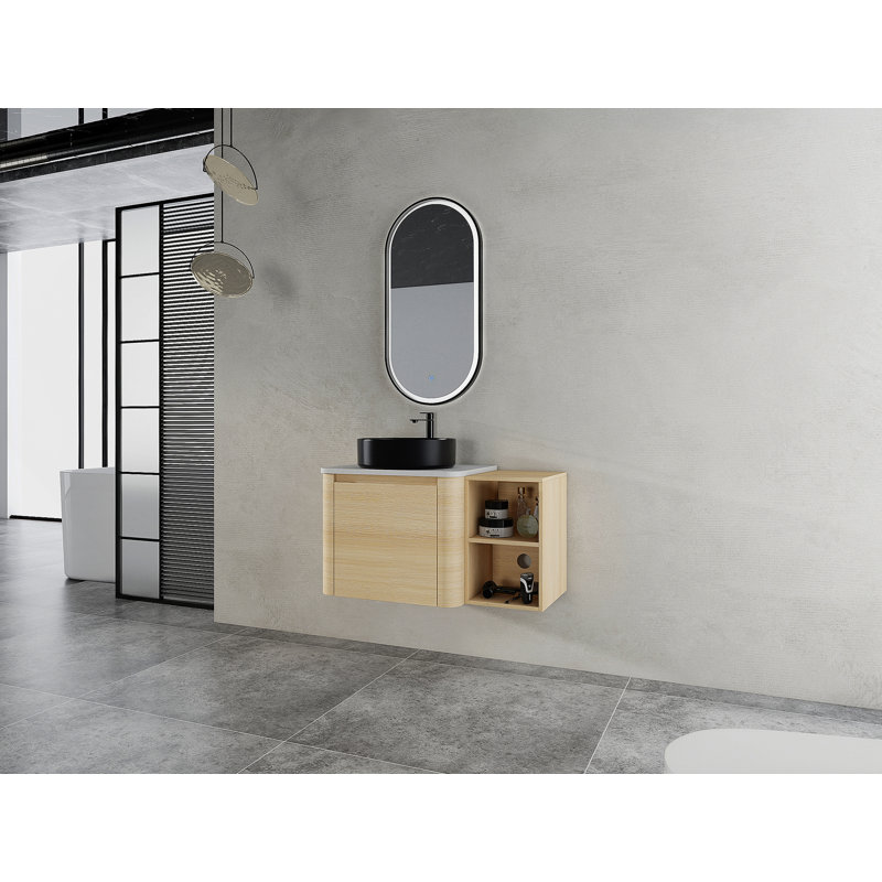 Meuble-lavabo mural 36 po avec lavabo d'art en céramique, tablettes de rangement et porte à fermeture en douceur pour salle de bain moderne