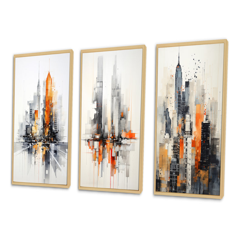 " Orange Gray Minimalism Urban Rhythm " 3 - Pieces, Natural Floater Framed, 20" H x 36" W