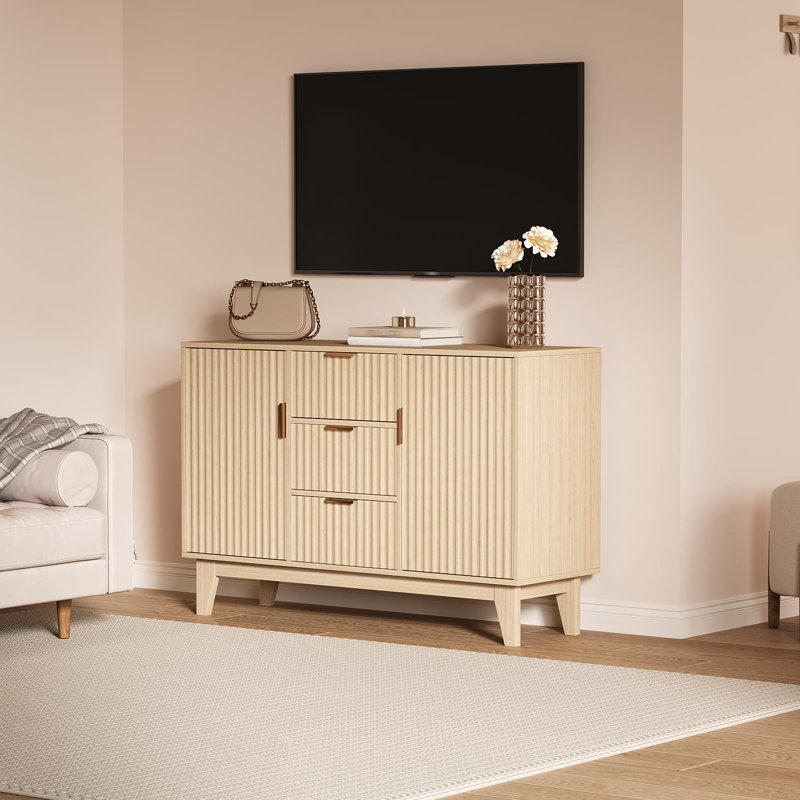 47.2 in Large Coffee Bar Kitchen Sideboard Cupboard Fluted Buffet Storage Cabinet with 3 Drawers 2 Doors for Living Room Entryway, Oak