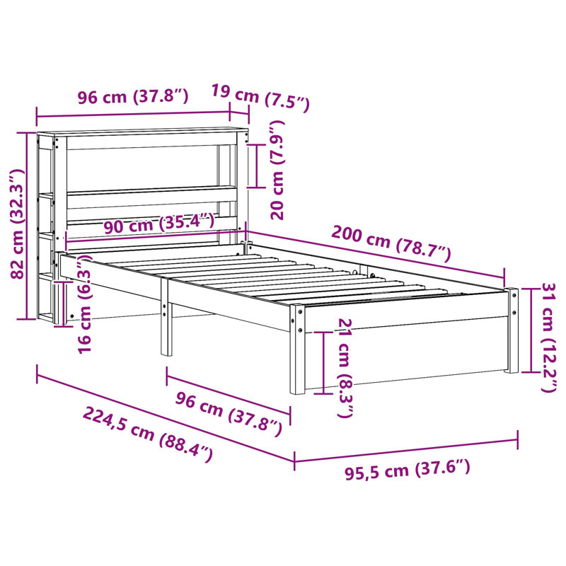 Solid Wood Bed Frame, European Single (90 x 200 cm)