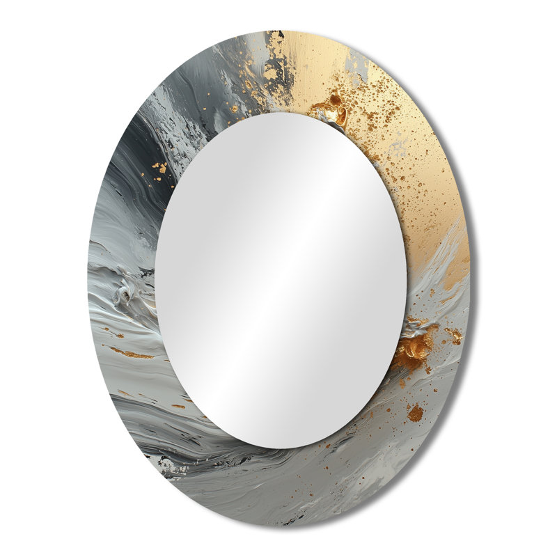 Abstrait marbre dans les tons gris et or VI - grand miroir mural ovale sur métal, 43 po x 33 po