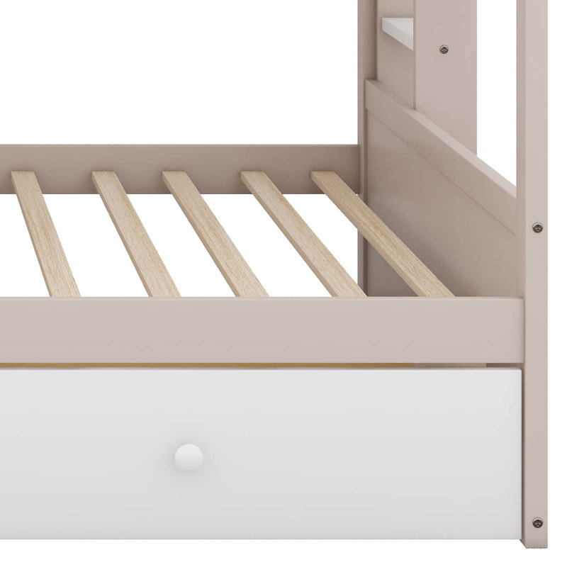 Lit superposé de style château avec 2 tiroirs de rangement, structure de lit superposé en bois avec tablette ouverte et DEL