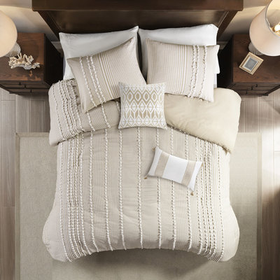 King 3 Piece Cotton Dyed Duvet Cover With Taupe And White Stripes Graceful Chenille Feature 100% Embroidery