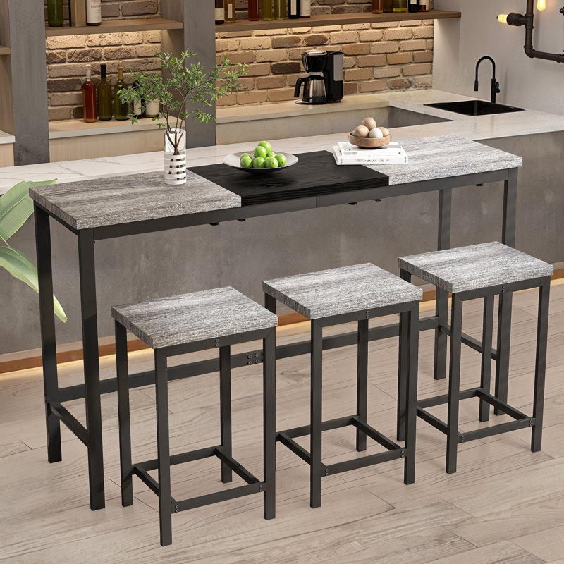 Table de cuisine moderne avec 3 tabourets gris et noirs, tabouret suspendu gain de place, surface facile à nettoyer et plateau à assemblage unique, design bicolore, métal, à monter soi-même