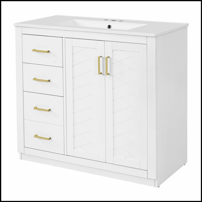 Meuble-lavabo 36 po avec lavabo en céramique, structure en bois massif, armoire de rangement autoportante, 3 tiroirs et portes à fermeture douce