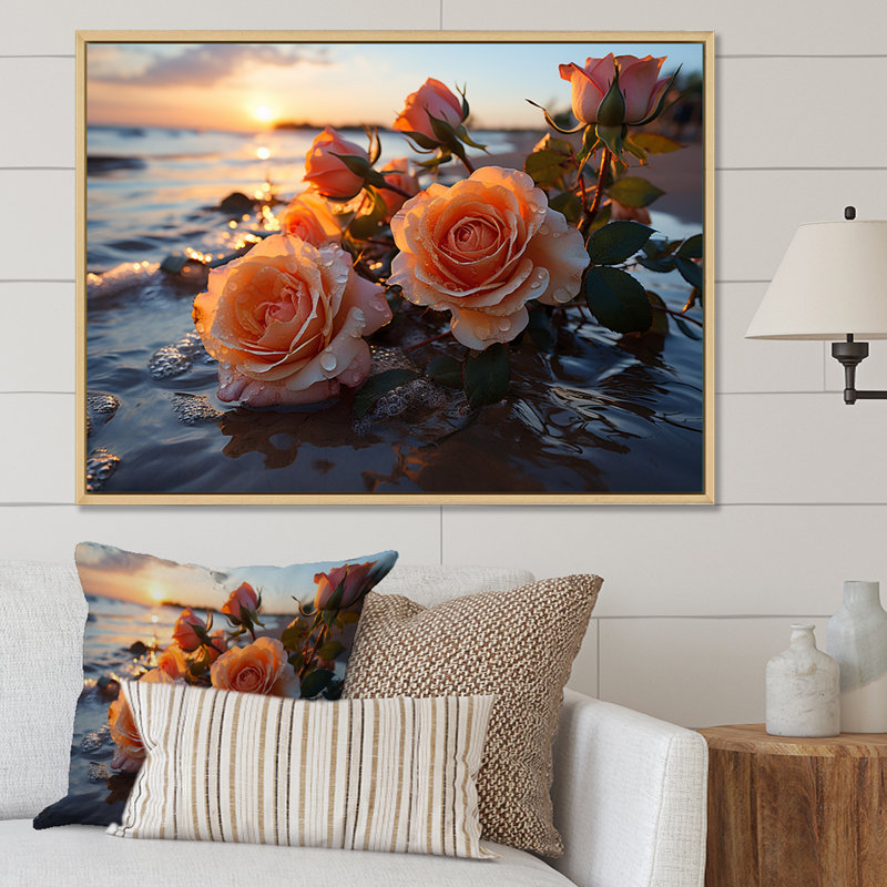 Magnifique coucher de soleil sur la plage de l'océan rose II - Rose, Cadre flottant brun, H 16 po x l 32 po x P 1 po