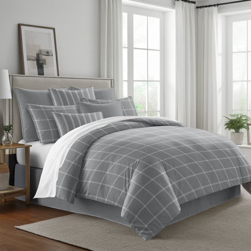 Shay Window Pane Gray Cotton Duvet Cover Set  8 Piece, King Duvet Cover + 7 Additional Pieces