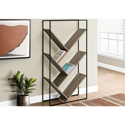 Bibliothèque de 60 po à 3 niveaux, chambre de bureau, structure en stratifié brun et métal noir, bibliothèque moderne, H 60 po, métal, tablette de chambre à coucher