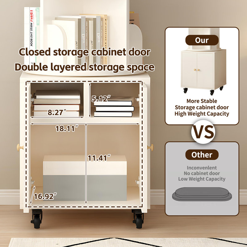 Rotating 5-Tier Wooden Corner Bookshelf with Drawer - Compact Floor Standing Storage (White), White