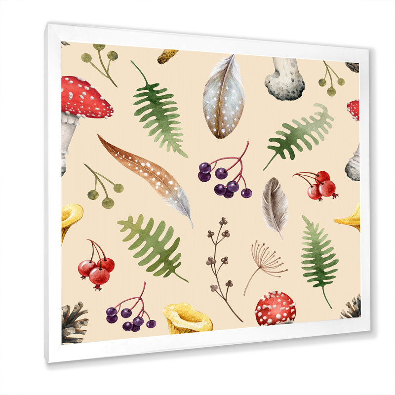 Forêt sauvage, herbes et champignon sur beige - Peinture sur toile, H 37,5 po x l 37,5 po x P 1,5 po, Cadre blanc
